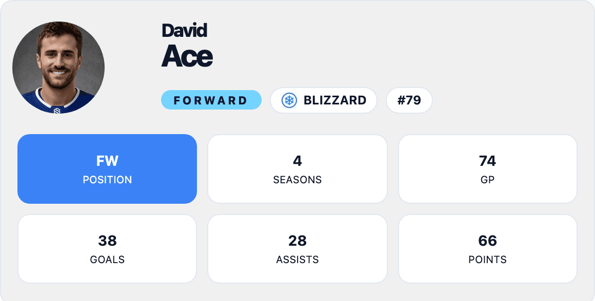 HockeySync player page header: a forward’s photo, name, team and jersey number beside his games played, goals, assists and points