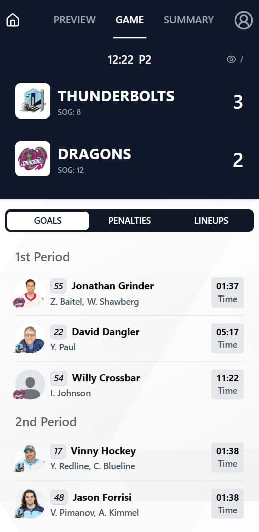 Digital scorekeeping interface showing live hockey game scoring